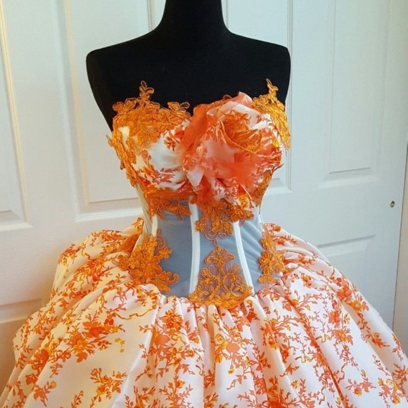 Ivory & Orange Silk Cherry Blossom Lace Ball Gown - Picture 5 of 8
